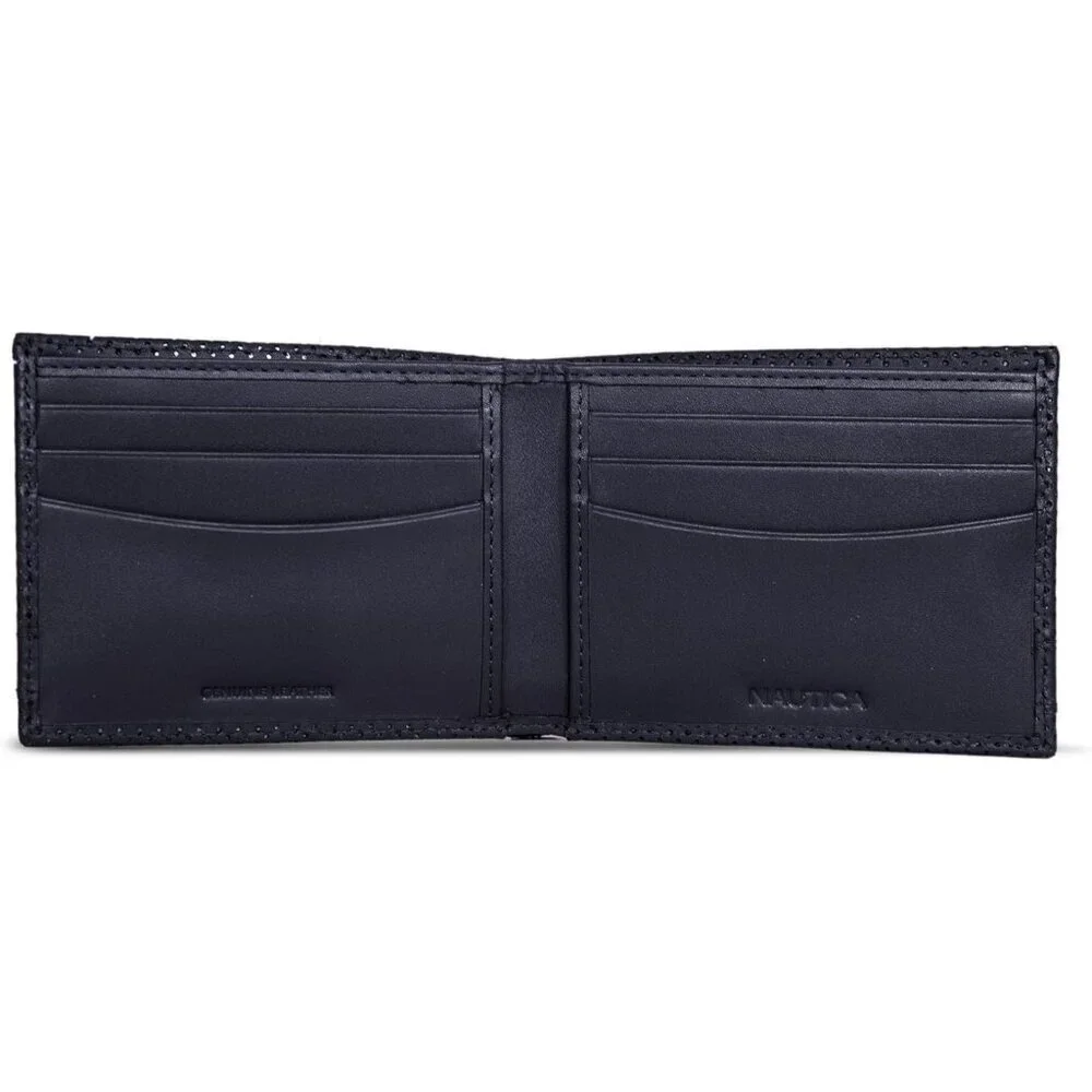 Men's Perforated-Navy Bifold Leather Wallet RFID Blocking ID Window Card Slots